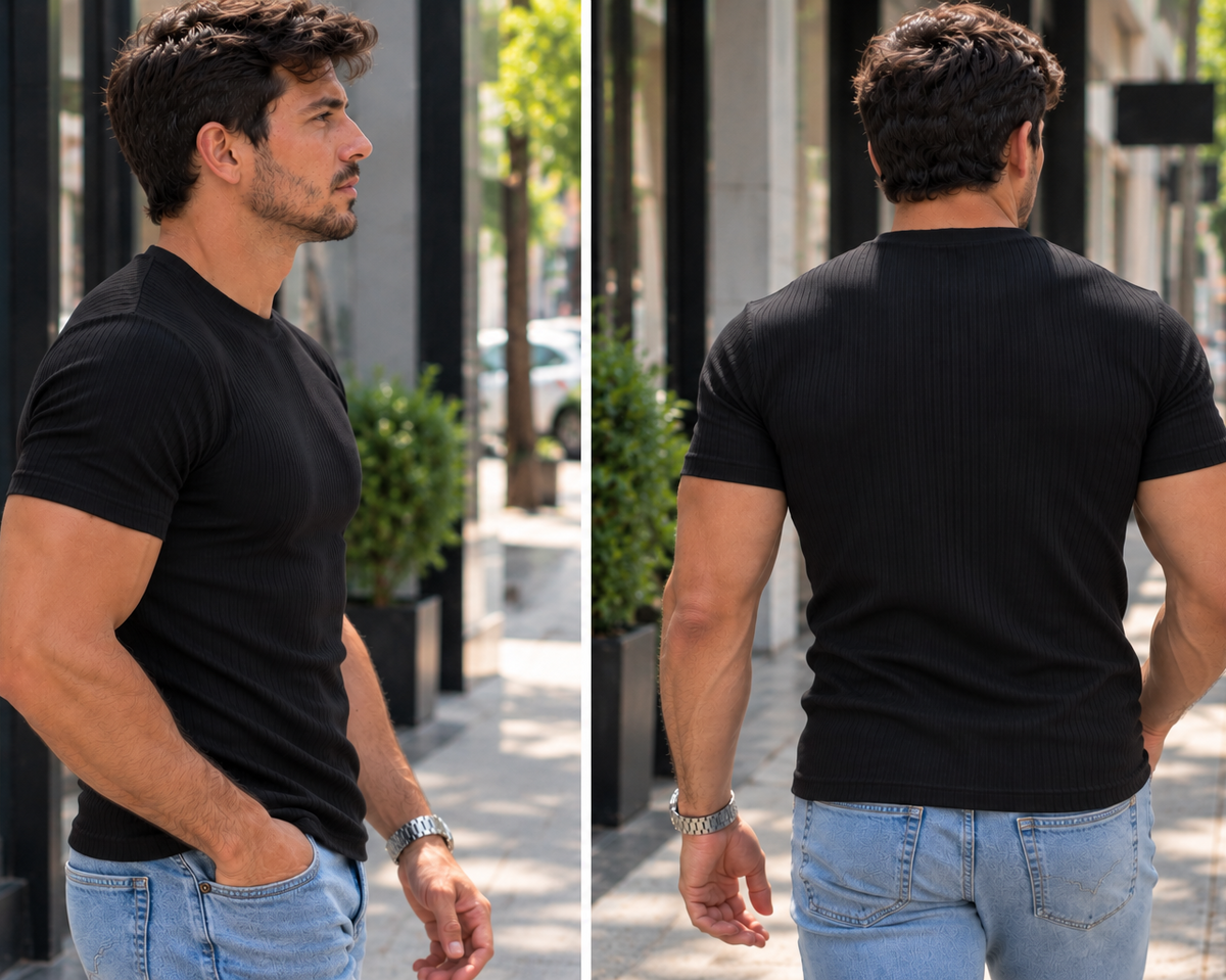 Camiseta Masculina Canelada Slim Fit Manga Curta Premium