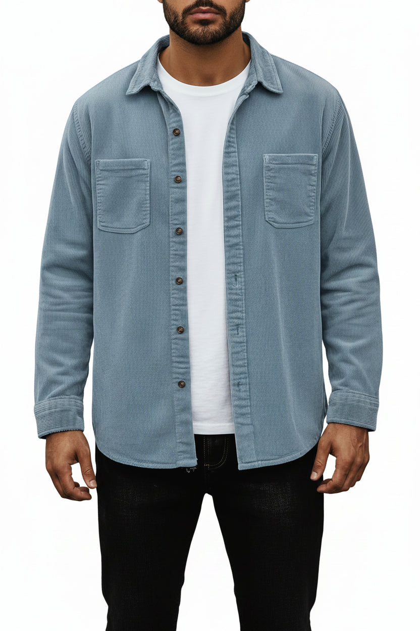 Jaqueta casual masculina de veludo leve em poliéster com manga longa, gola de camisa, botões frontais e bolsos funcionais. Ideal para looks modernos, confortáveis e elegantes no dia a dia. Modelos similares