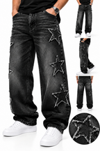 Calça Jeans Masculina Baggy Preta com Estrelas Streetwear