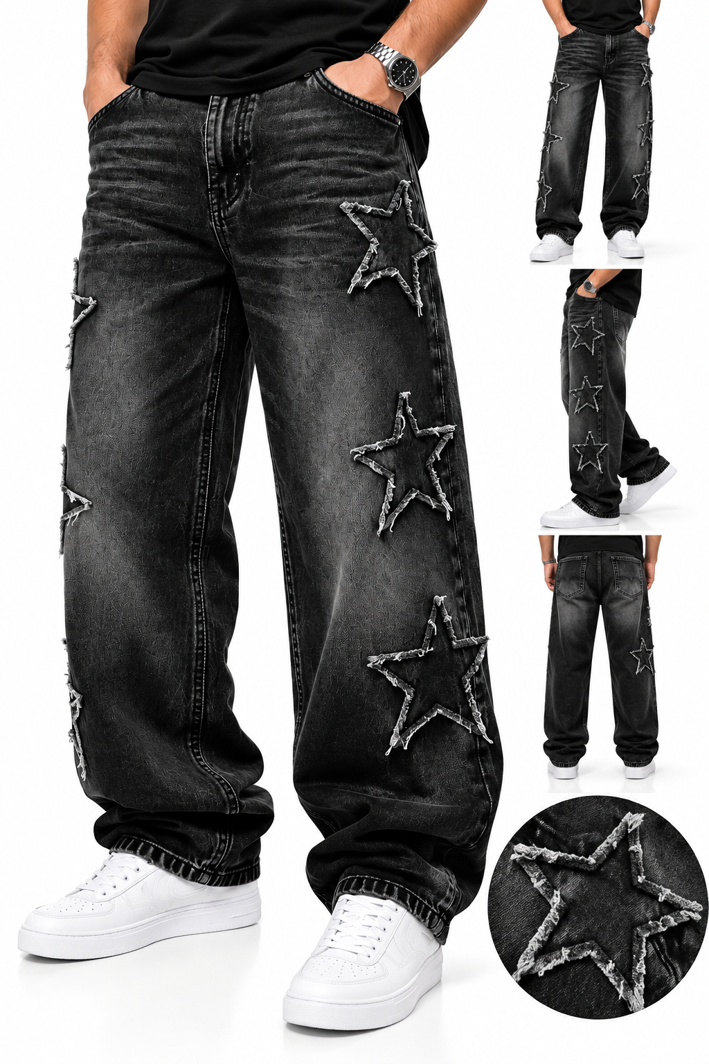 Calça Jeans Masculina Baggy Preta com Estrelas Streetwear