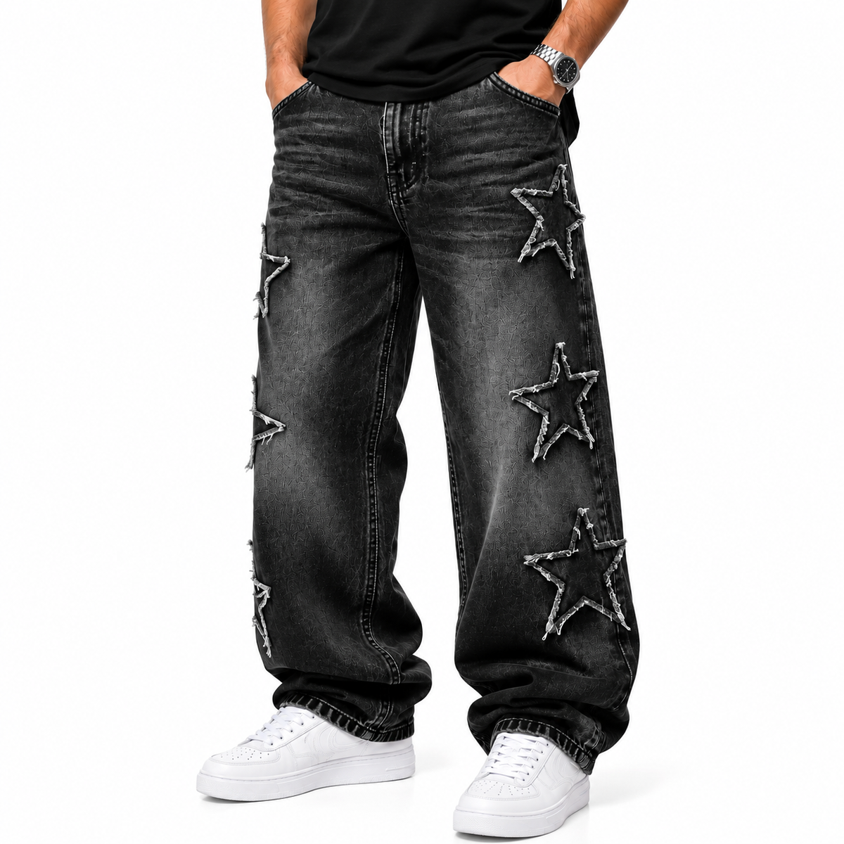 Calça Jeans Masculina Baggy Preta com Estrelas Streetwear