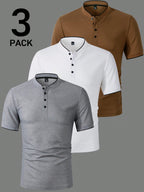 Kit 3 Camisas Gola Padre Masculina Básica – Gola Padre, Botões Frontais Tecido Premium