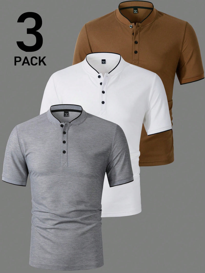 Kit 3 Camisas Gola Padre Masculina Básica – Gola Padre, Botões Frontais Tecido Premium
