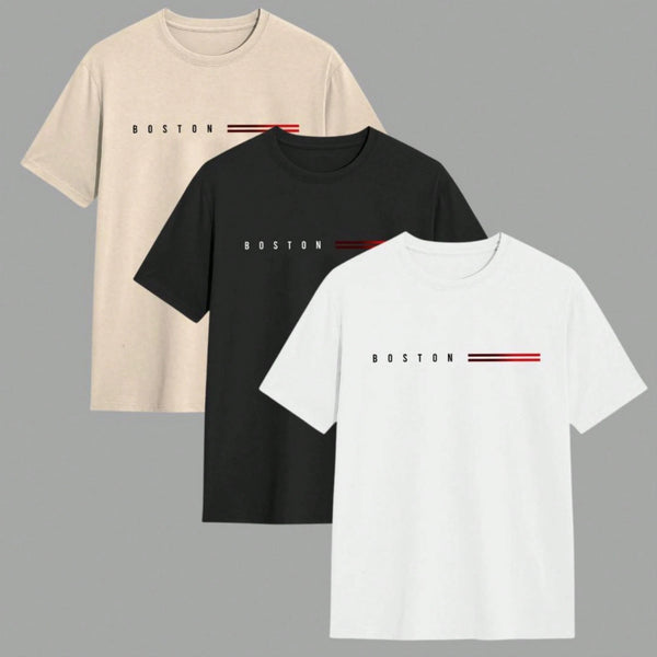 Kit 3 camisetas Boston algodão fio 30.1 branco, preto e cinza