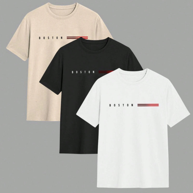 Kit 3 camisetas Boston algodão fio 30.1 branco, preto e cinza