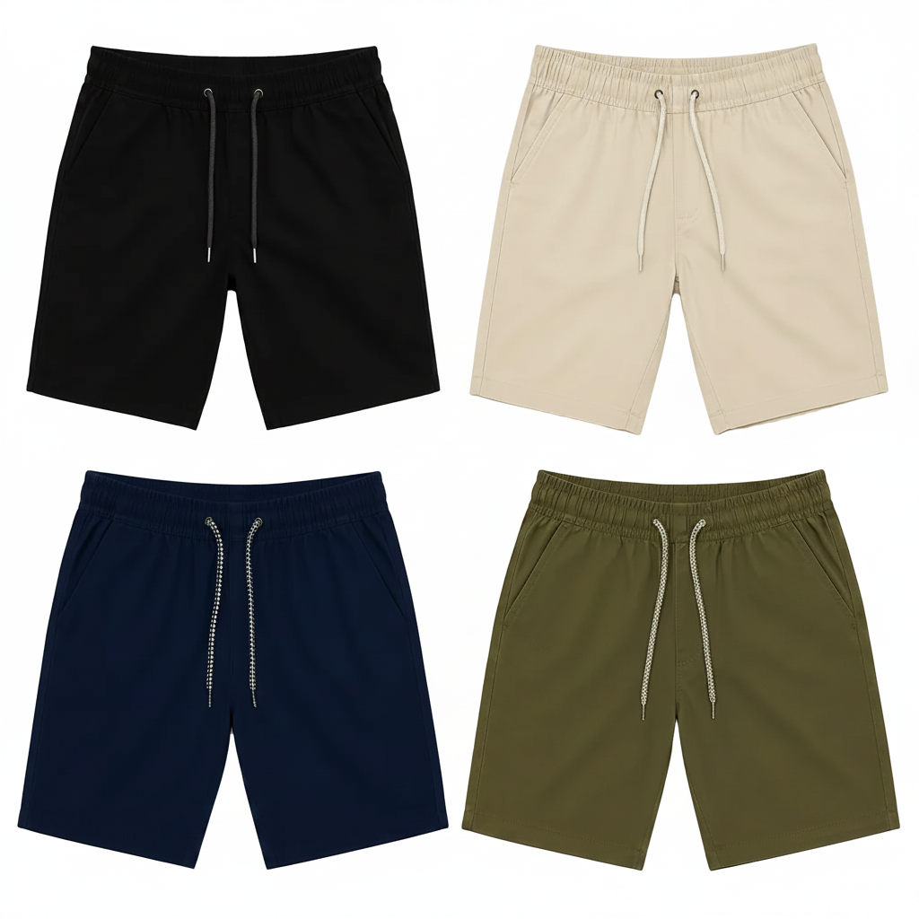 Kit com 4 bermudas masculinas casual com elástico, cordão e bolsos laterais. Cores preto, bege, azul-marinho e verde militar. Compre agora.