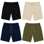 Kit com 4 bermudas masculinas casual com elástico, cordão e bolsos laterais. Cores preto, bege, azul-marinho e verde militar. Compre agora.