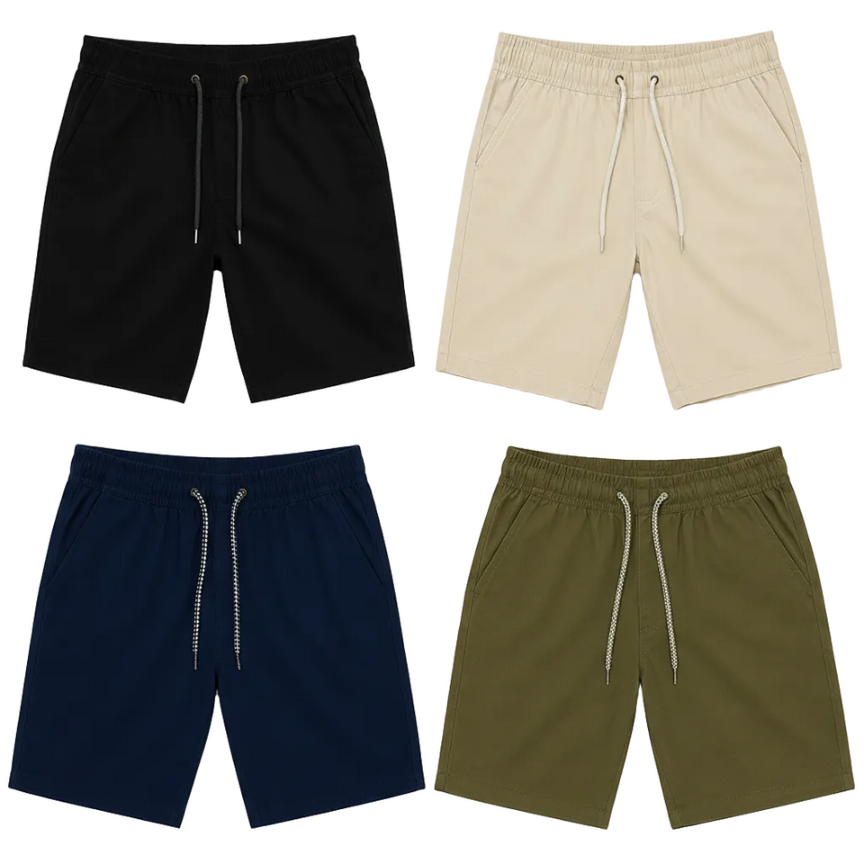 Kit com 4 bermudas masculinas casual com elástico, cordão e bolsos laterais. Cores preto, bege, azul-marinho e verde militar. Compre agora.