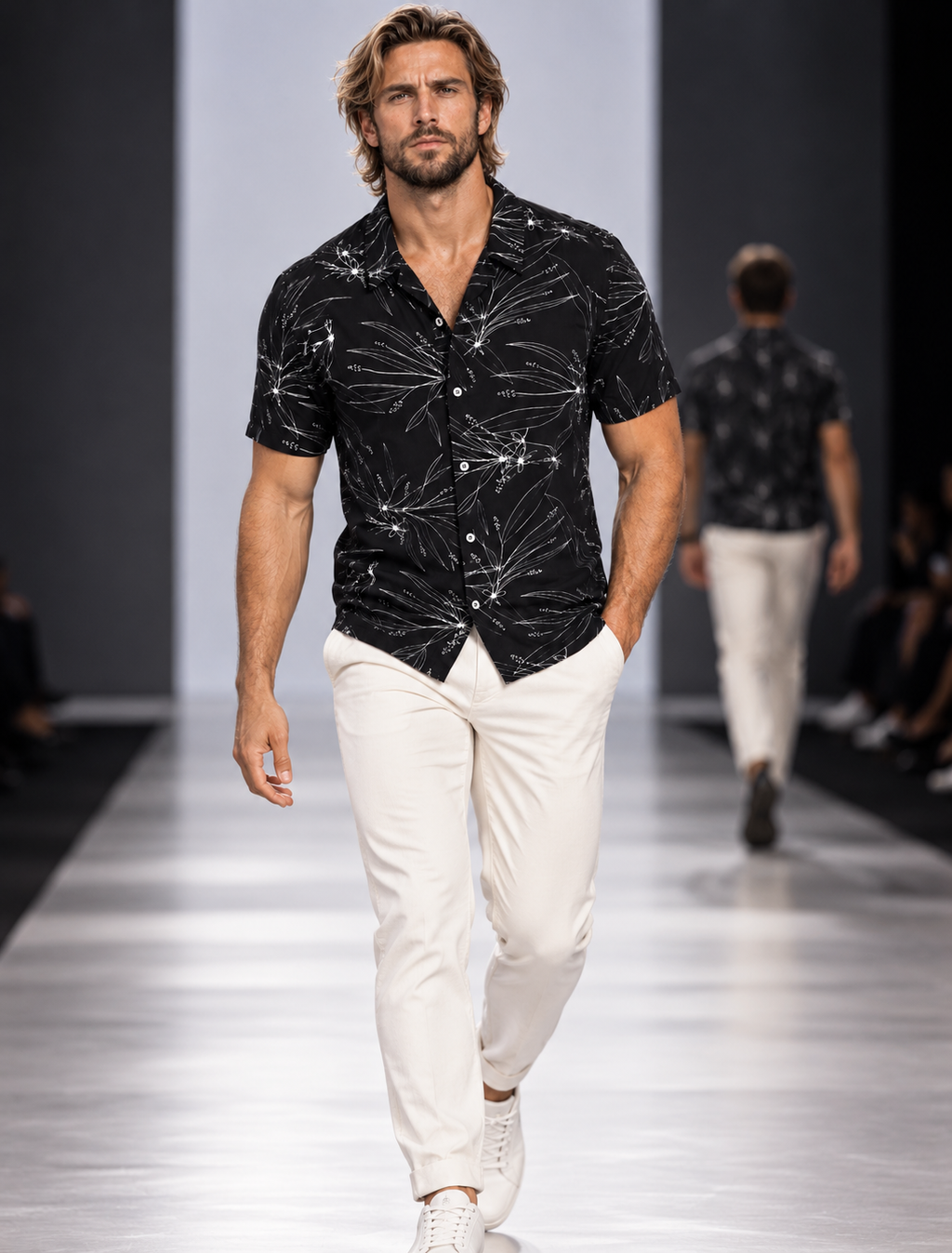 Camisa Masculina Manga Curta Estampada Preta Casual Premium
