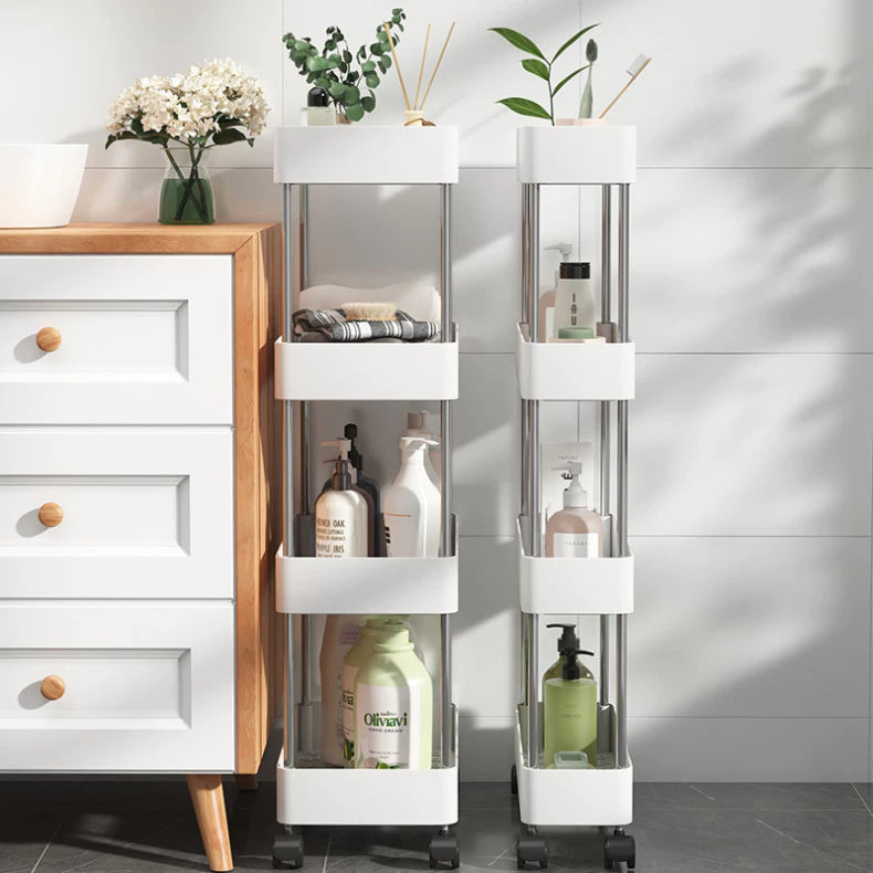 Organizador Móvel Com 4 Prateleiras, Design Slim, Rodinhas 360°, Estrutura Resistente, Ideal Para Cozinha, Banheiro, Escritório, Lavanderia, Armazenamento Prático, Espaço Otimizado, Fácil Montagem, Cor Neutra, Compacto e Funcional, Organize Seu Ambiente Com Estilo.
