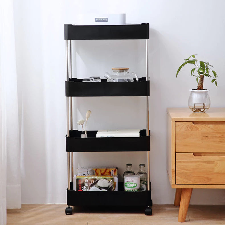 Organizador Móvel Com 4 Prateleiras, Design Slim, Rodinhas 360°, Estrutura Resistente, Ideal Para Cozinha, Banheiro, Escritório, Lavanderia, Armazenamento Prático, Espaço Otimizado, Fácil Montagem, Cor Neutra, Compacto e Funcional, Organize Seu Ambiente Com Estilo.