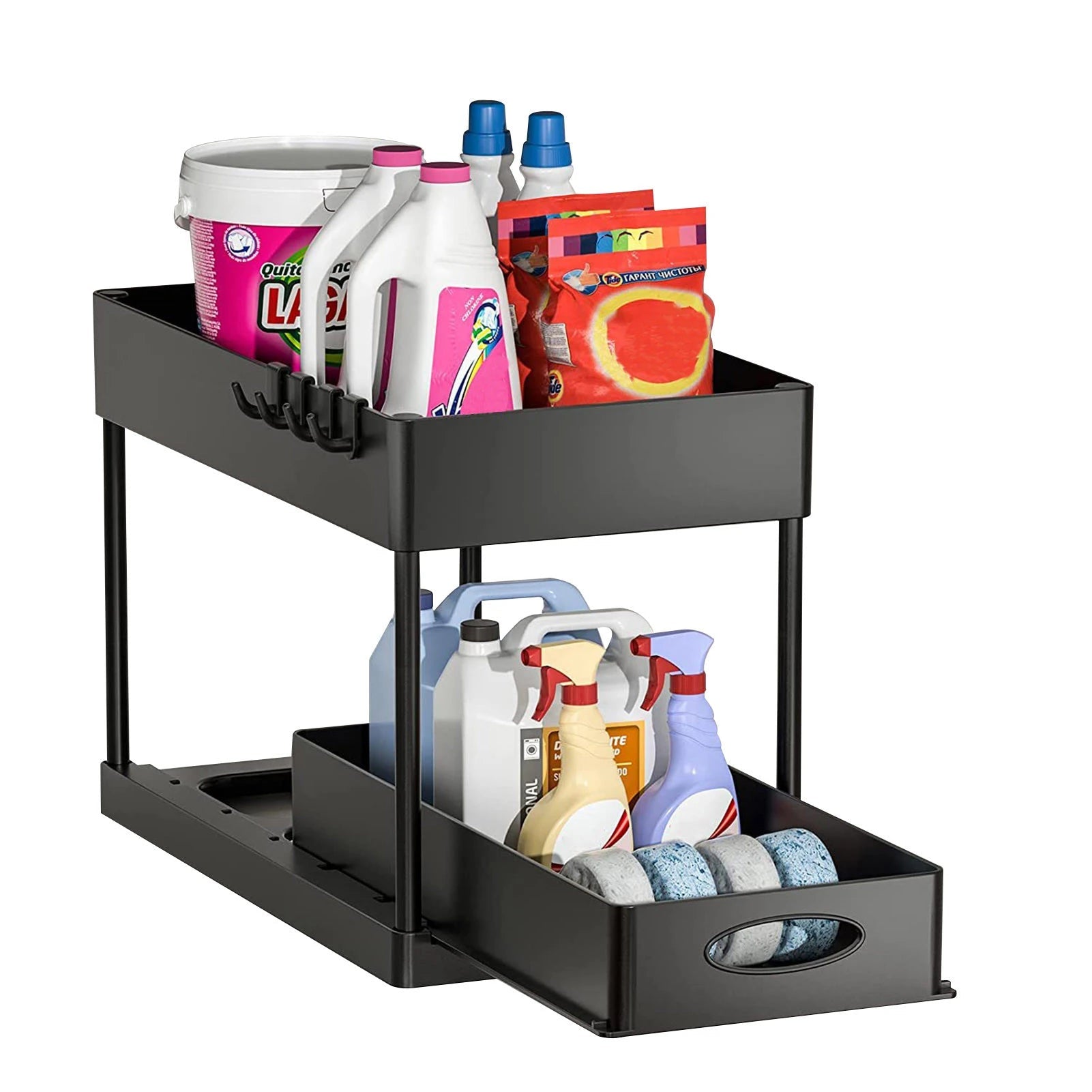 Organizador Multiuso de Limpeza com 2 Camadas é ideal para otimizar o espaço na pia, armário ou chão. Com design funcional, permite armazenar produtos de limpeza de forma organizada e acessível, facilitando o dia a dia.