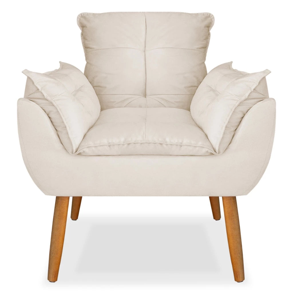 Poltrona Bege Com Pés Palito, Design Elegante Para Sala De Estar, Escritório Ou Recepção, Confortável E Estofada, Estrutura De Madeira, Tecido Suede, Garantia De 3 Meses, Montagem Completa