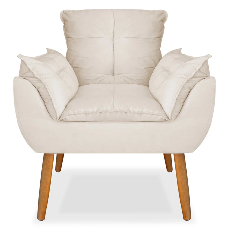 Poltrona Bege Com Pés Palito, Design Elegante Para Sala De Estar, Escritório Ou Recepção, Confortável E Estofada, Estrutura De Madeira, Tecido Suede, Garantia De 3 Meses, Montagem Completa