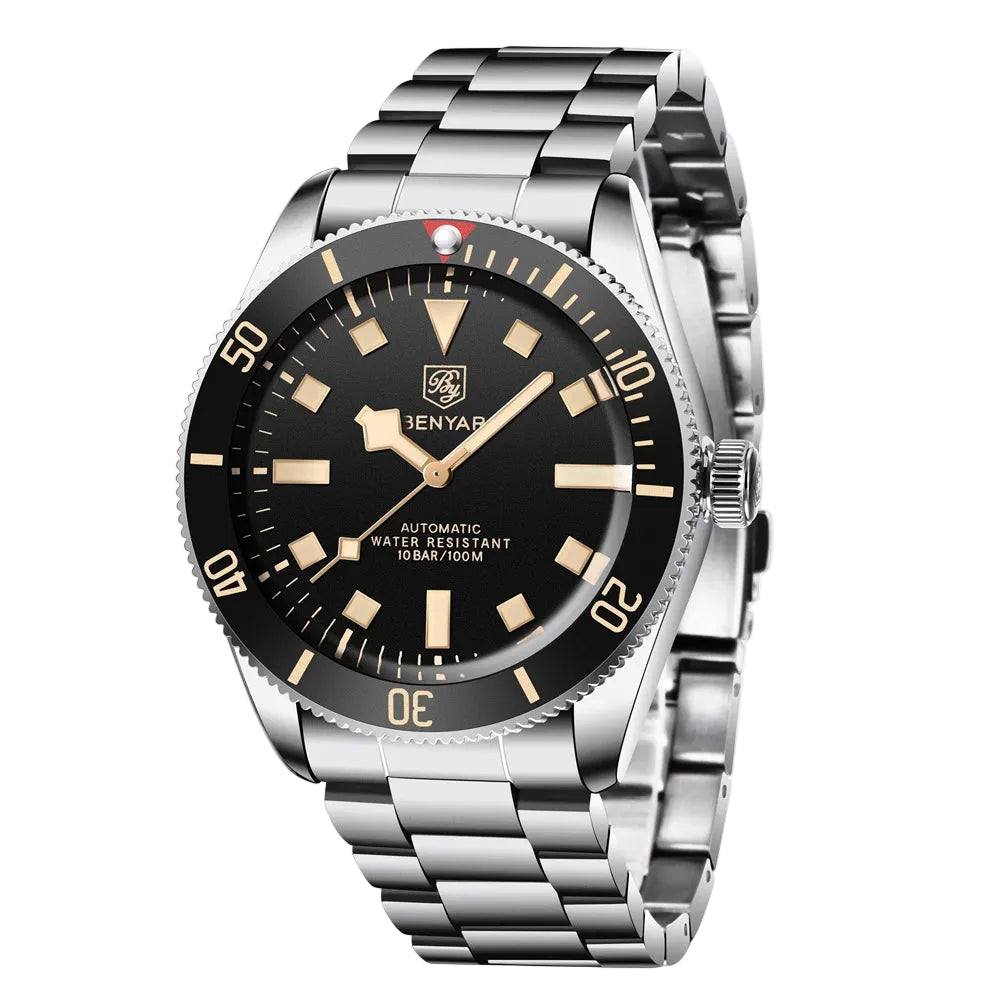 Relógio automático BENYAR masculino em aço inox 316L, design esportivo business, vidro Hardlex, resistência à água 10ATM e ponteiros luminosos.