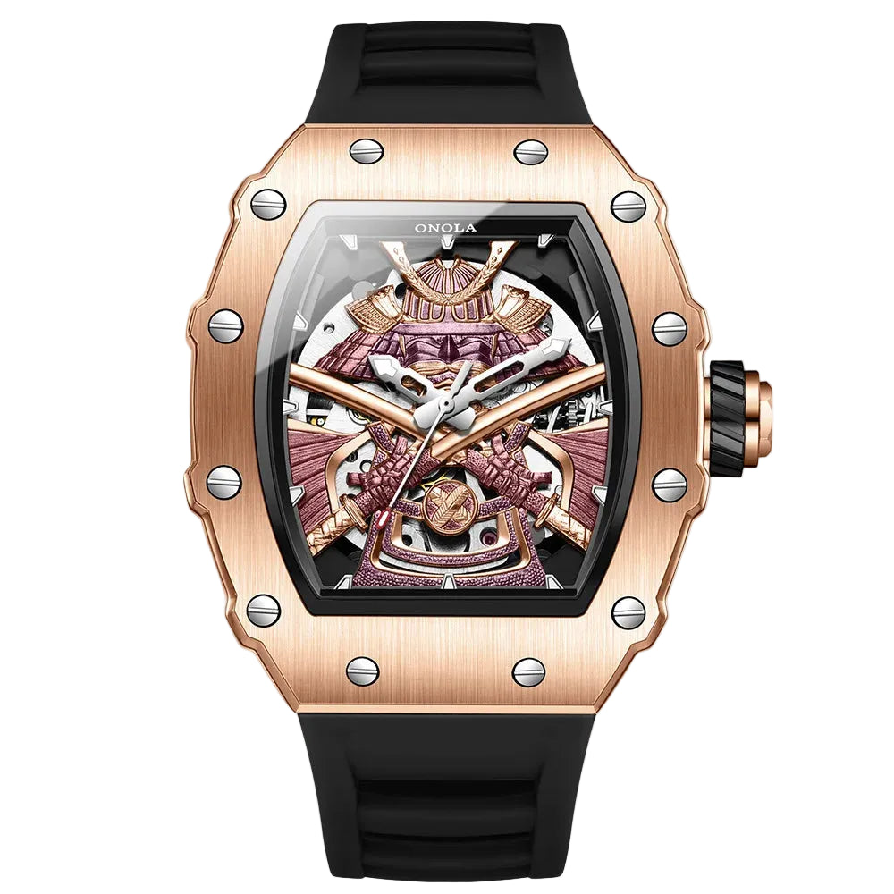 Relógio mecânico masculino ONOLA Samurai com movimento automático, design skeleton inspirado em armadura de guerreiro, pulseira de silicone premium e resistência à água 3ATM.