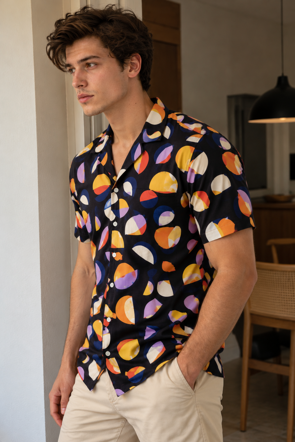 Camisa Masculina Estampada Manga Curta em Viscose Casual