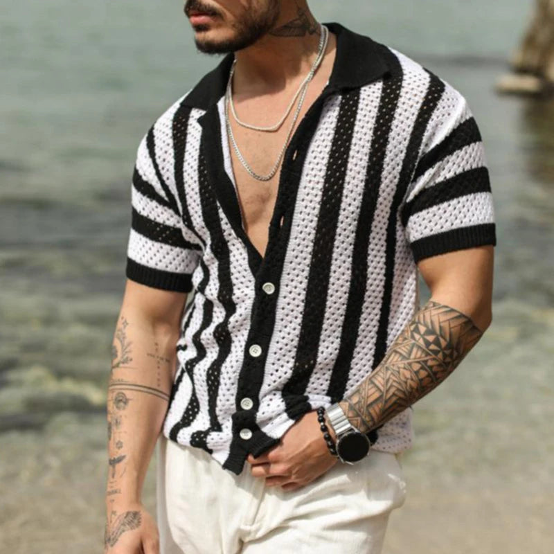 Camisa Masculina Tricotada Listrada Manga Curta
