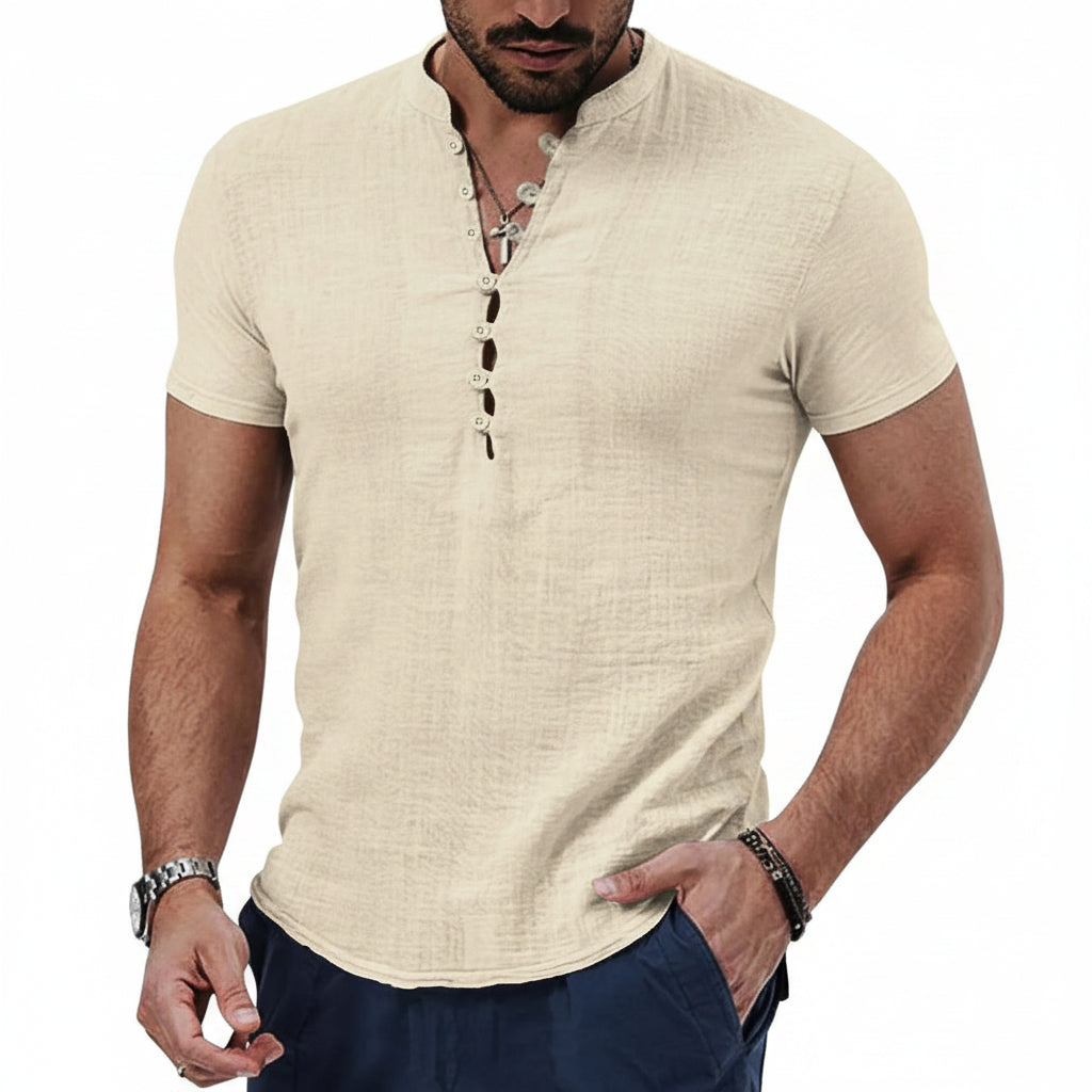 Camisa Masculina Manga Curta Algodão e Linho Casual