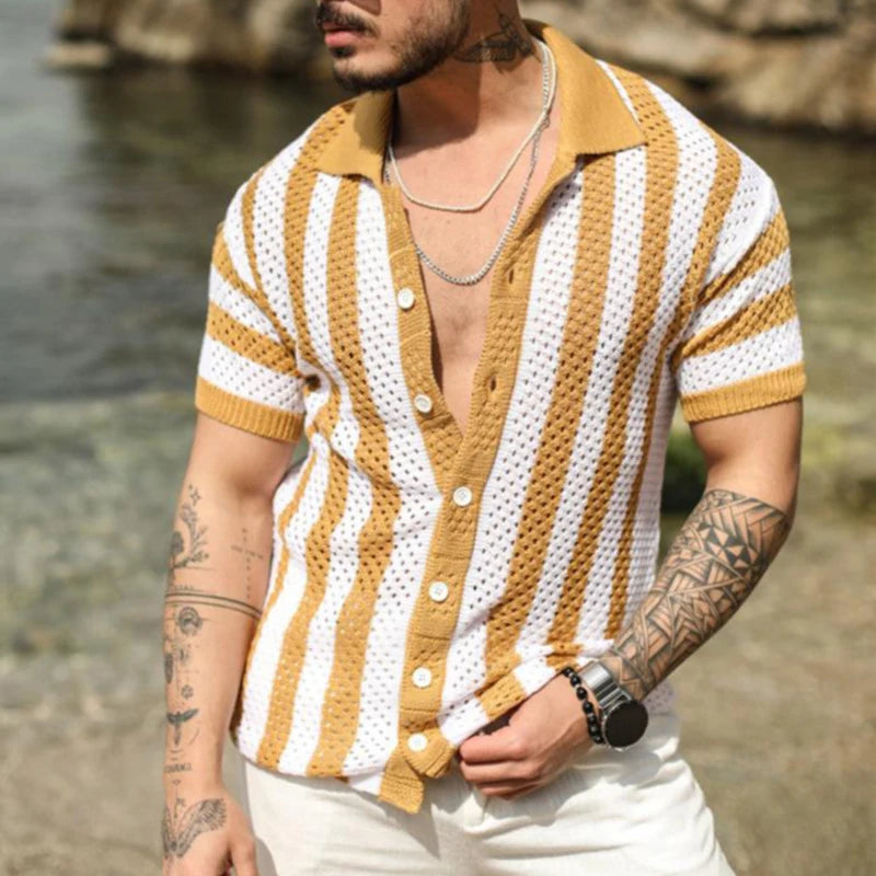 Camisa Masculina Tricotada Listrada Manga Curta