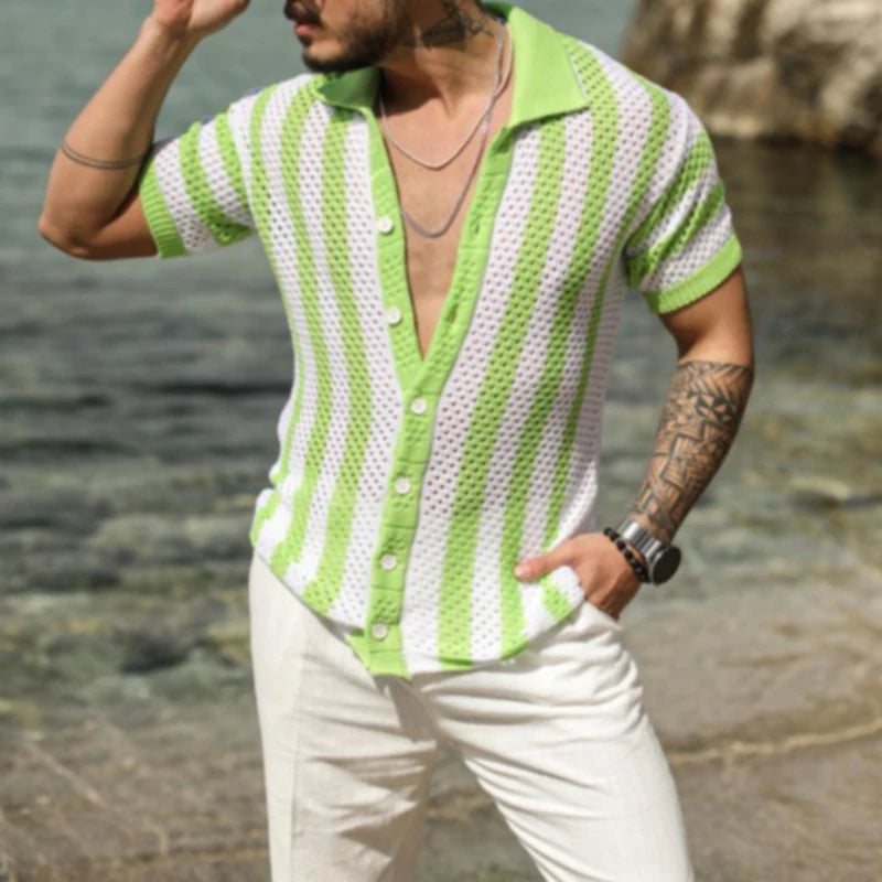 Camisa Masculina Tricotada Listrada Manga Curta