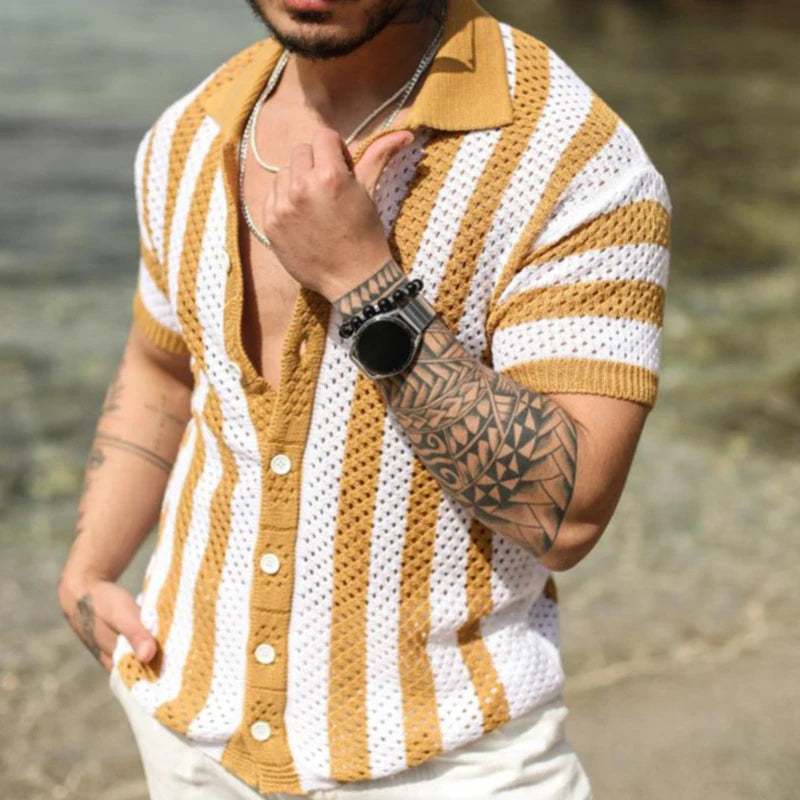 Camisa Masculina Tricotada Listrada Manga Curta
