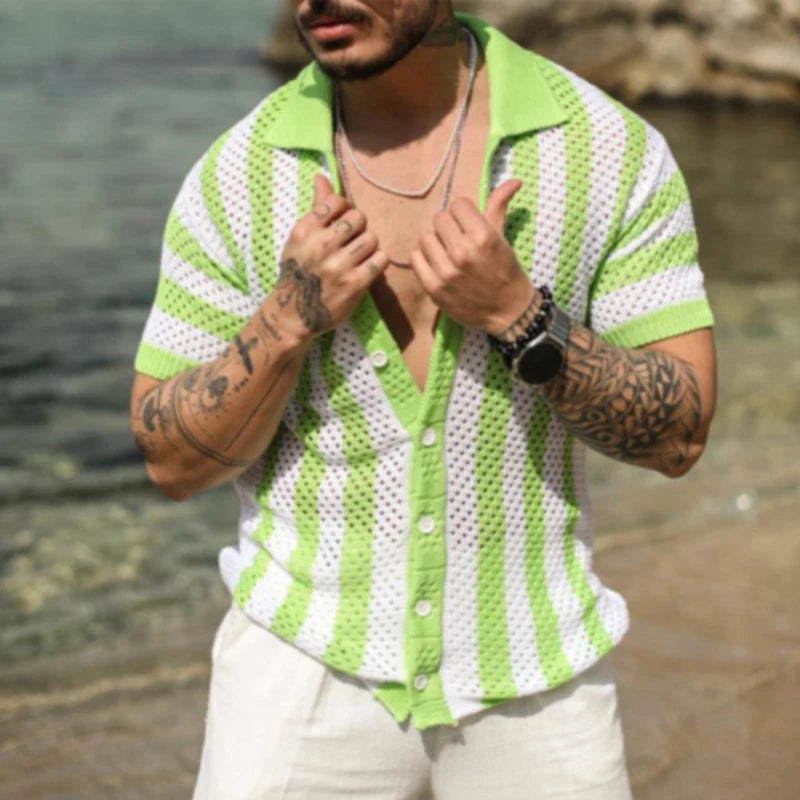 Camisa Masculina Tricotada Listrada Manga Curta