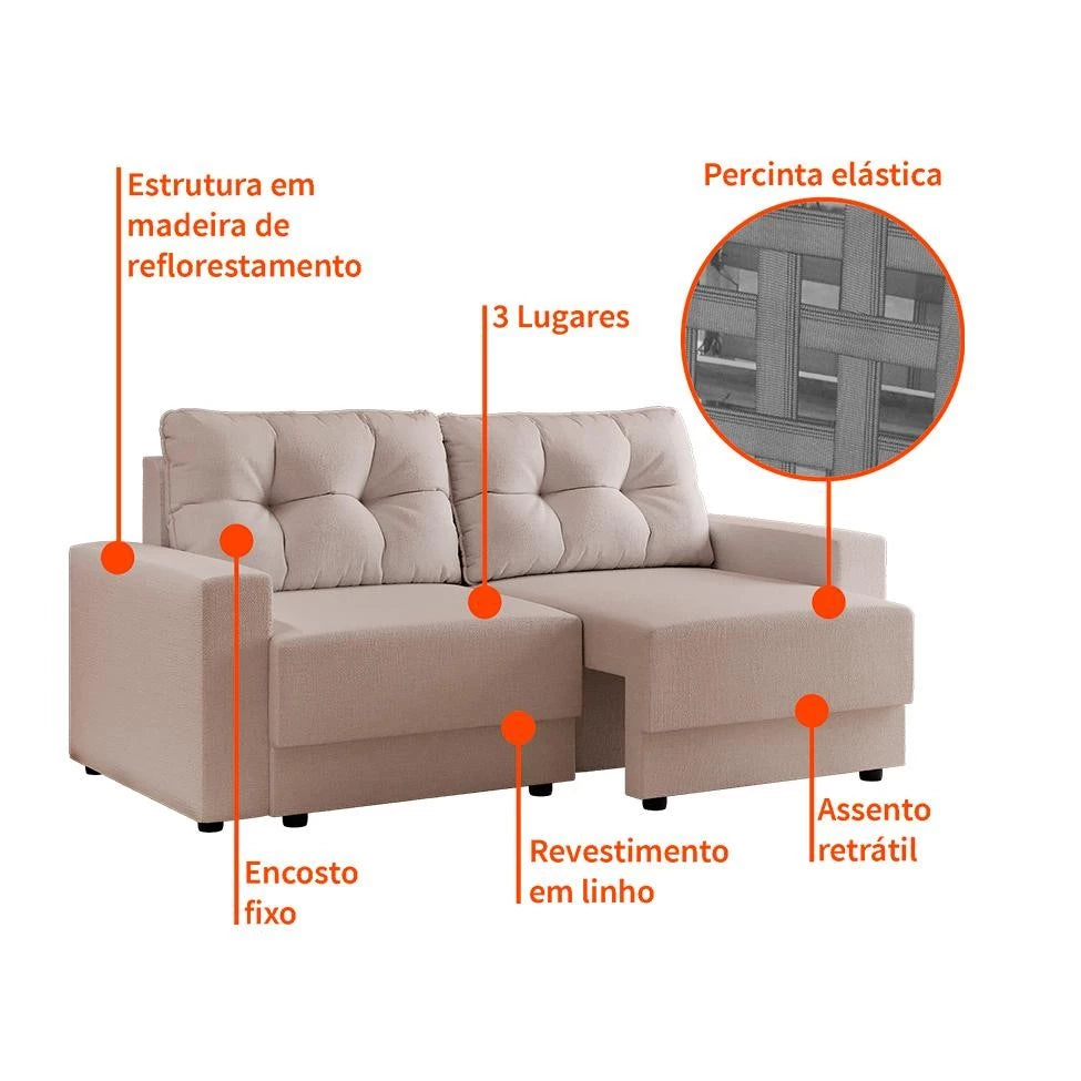 Sofá 3 Lugares Retrátil Lubeck, em Linho Cru combina design sofisticado e funcionalidade