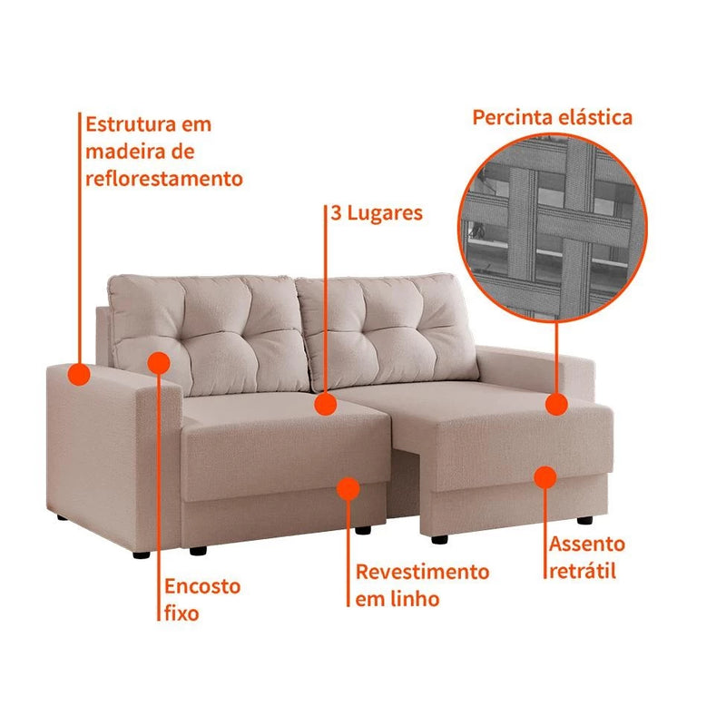 Sofá 3 Lugares Retrátil Lubeck, em Linho Cru combina design sofisticado e funcionalidade