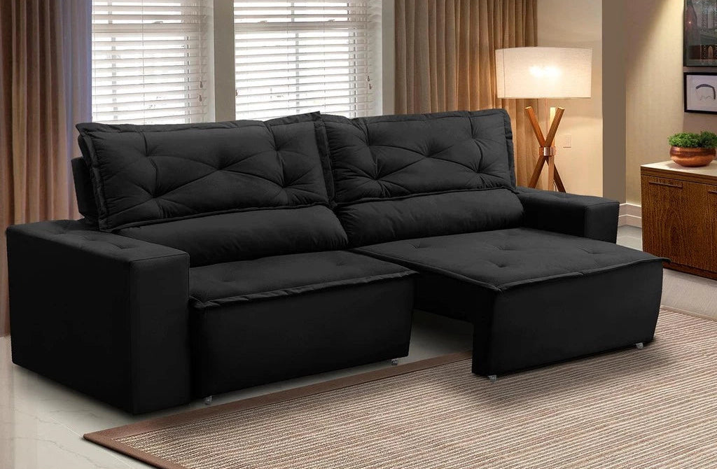 Sofá Livia Suede Bege 3‑lugares com função retrátil e reclinável, estrutura eucalipto, espuma D‑28 e molas