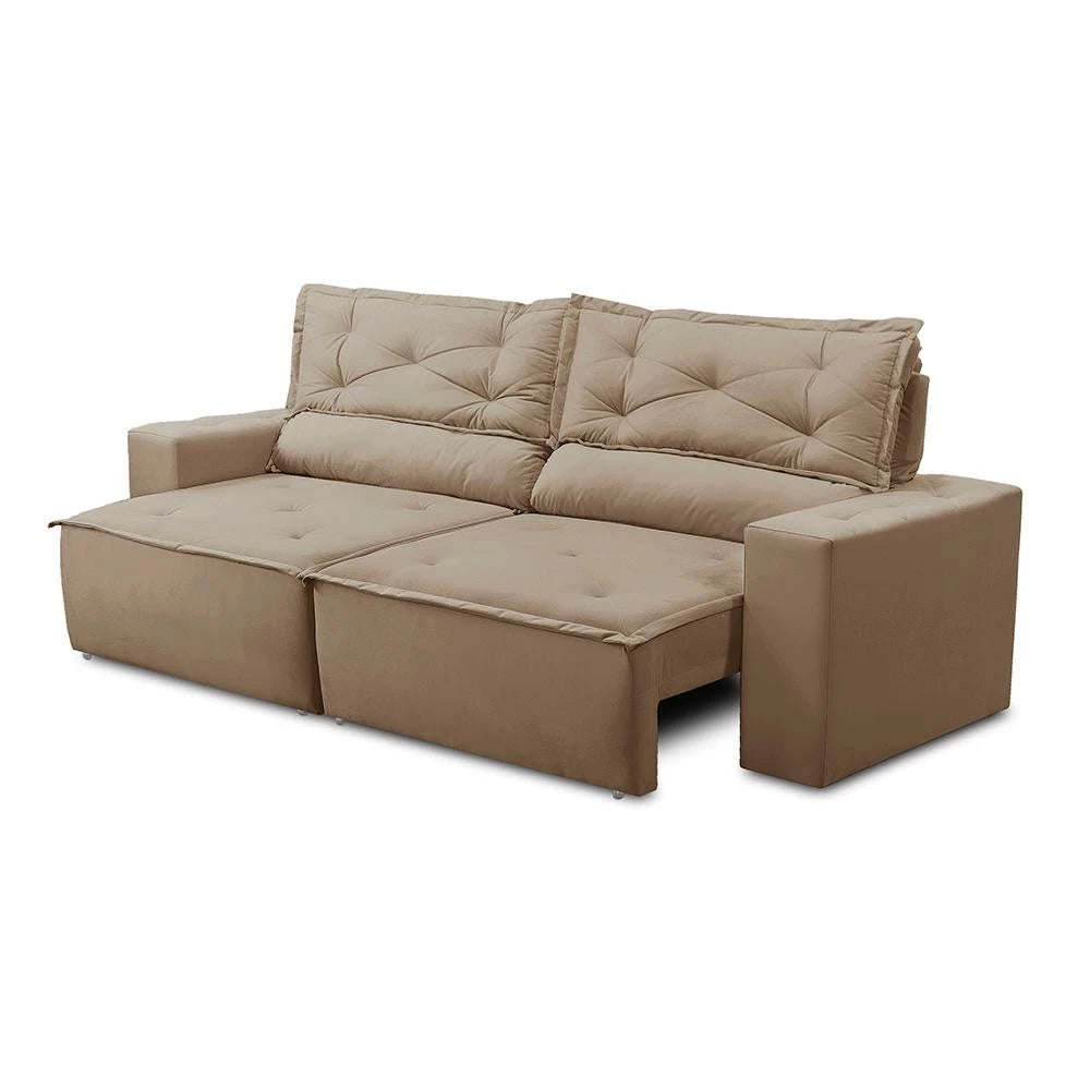 Sofá Livia Suede Bege 3‑lugares com função retrátil e reclinável, estrutura eucalipto, espuma D‑28 e molas