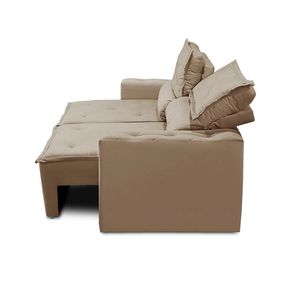 Sofá Livia Suede Bege 3‑lugares com função retrátil e reclinável, estrutura eucalipto, espuma D‑28 e molas