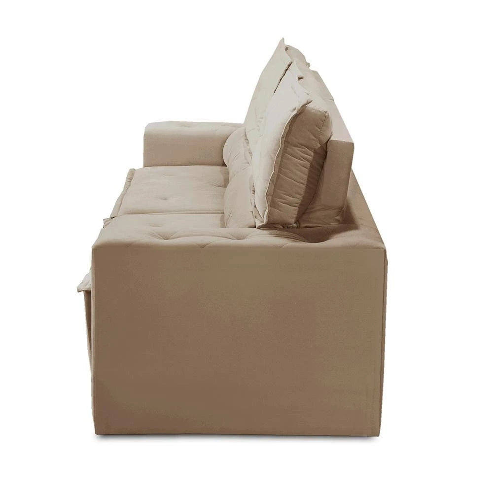 Sofá Livia Suede Bege 3‑lugares com função retrátil e reclinável, estrutura eucalipto, espuma D‑28 e molas