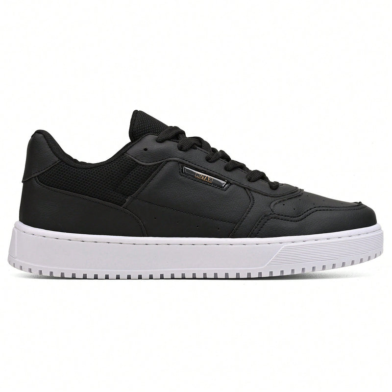 Tênis Masculino Casual Costurado, Sneaker Street Original, Conforto para o Dia a Dia, Material Sintético, Bico Redondo, Sola PVC Antiderrapante, Preto, Estilo Casual e Desportivo.