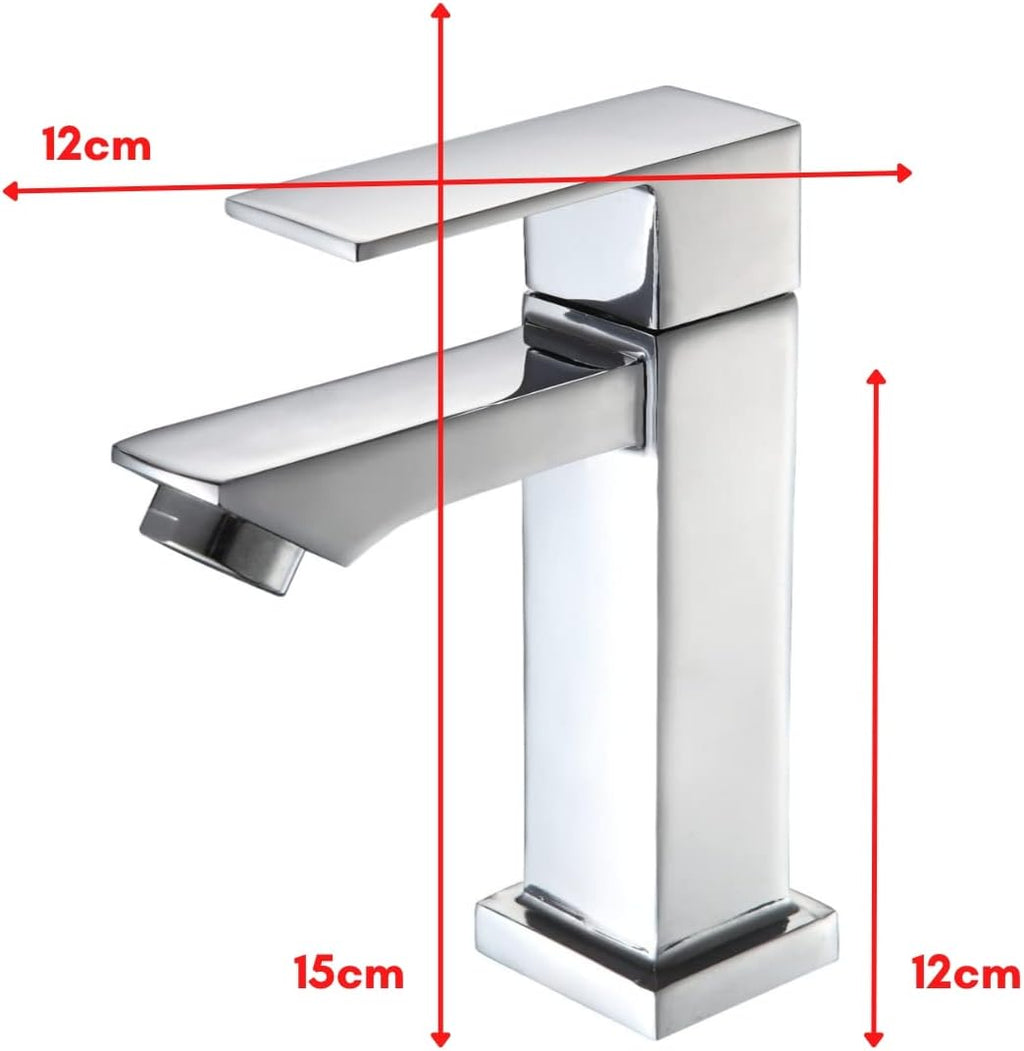 Torneira Banheiro Luxo Quadrada, Acabamento Cromado Polido, Corpo Em Aço Inoxidável, Cabo Em Aço Cromado, Bocal Quadrado, Instalação Em Bancada, Peso Aproximado 0,8 Kg