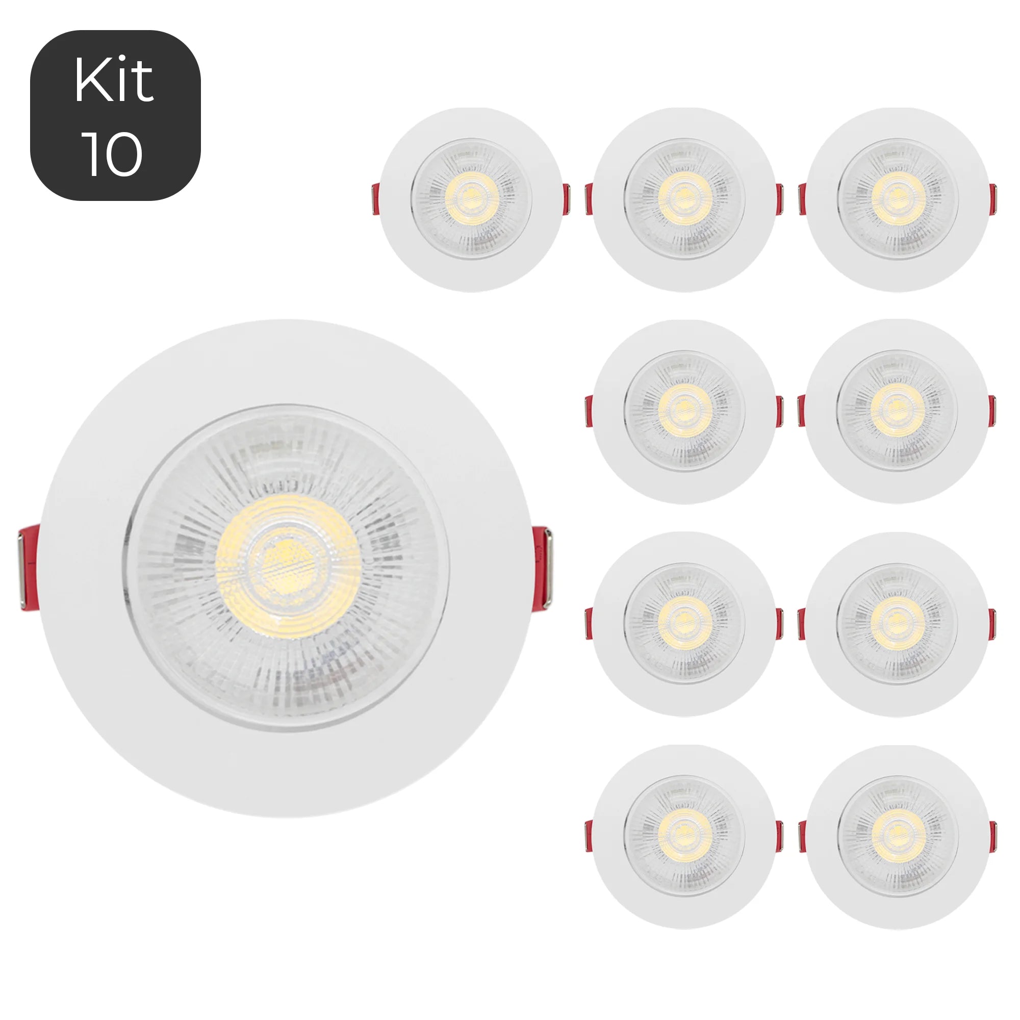 Kit com 10 Spots LED 7 W ‘Round Directable’ embutidos – iluminação eficiente e moderna. Com opções de Warm White (3000 K) e Cool White (6000 K), estes downlights garantem alta reprodução de cor, longa vida útil e economia de até 80 %. Ideal para iluminação residencial com instalação embutida rápida.