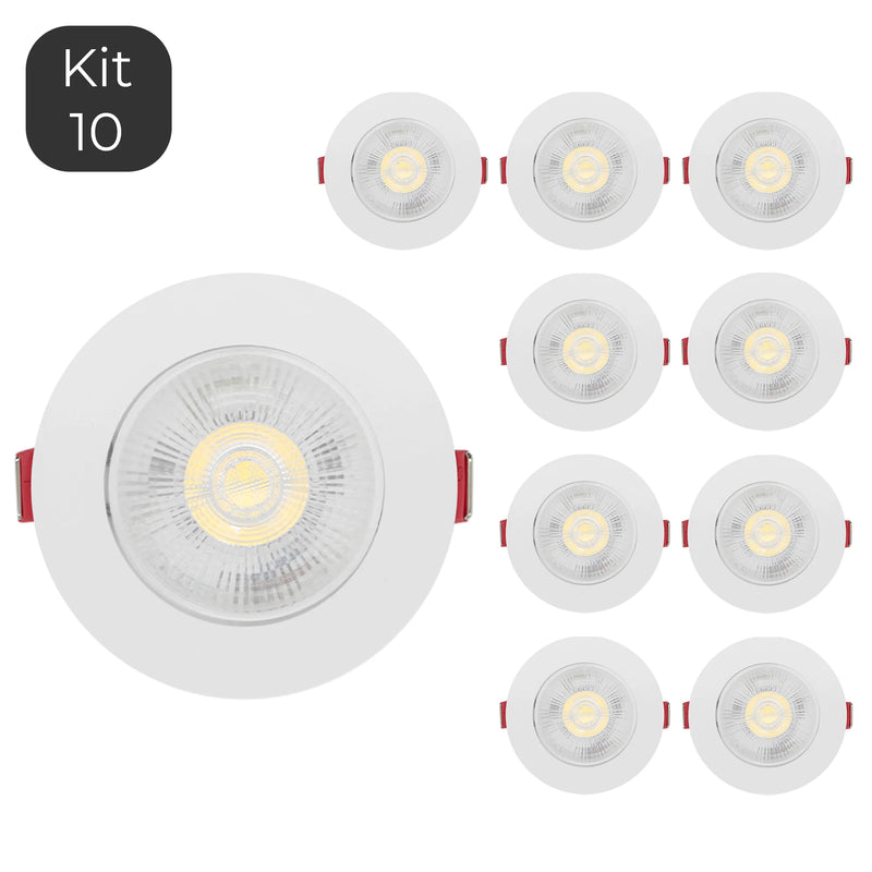 Kit com 10 Spots LED 7 W ‘Round Directable’ embutidos – iluminação eficiente e moderna. Com opções de Warm White (3000 K) e Cool White (6000 K), estes downlights garantem alta reprodução de cor, longa vida útil e economia de até 80 %. Ideal para iluminação residencial com instalação embutida rápida.