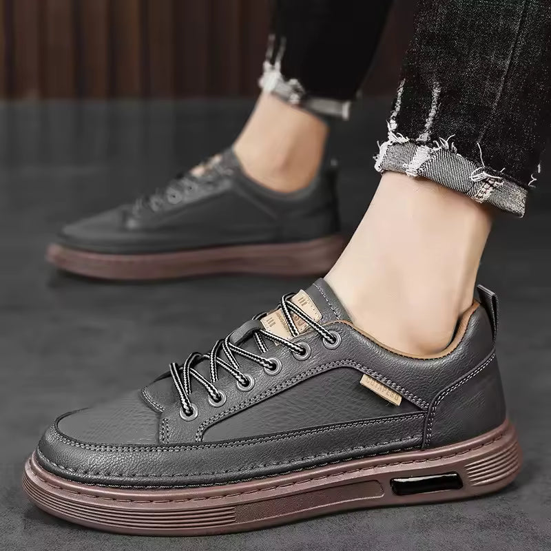 Tênis de Couro Masculino Impermeável Solado de Borracha Conforto
