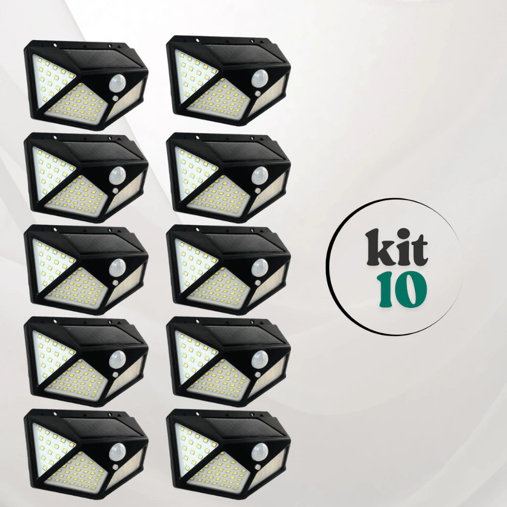 kit luminária solar 20W 100 LEDs sensor de movimento IP66
